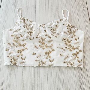 Embroidered White and Gold Women's Crop Top M